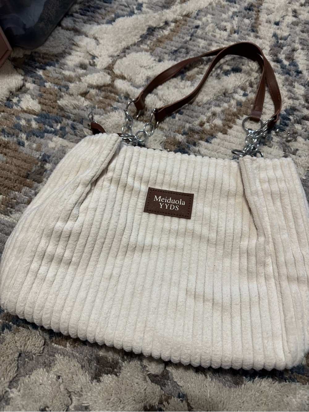 ✅🩷 $5 items for $25 Minimum. Cream Ribbed Shoulder Bag with Brown Handles - Picture 8 of 11